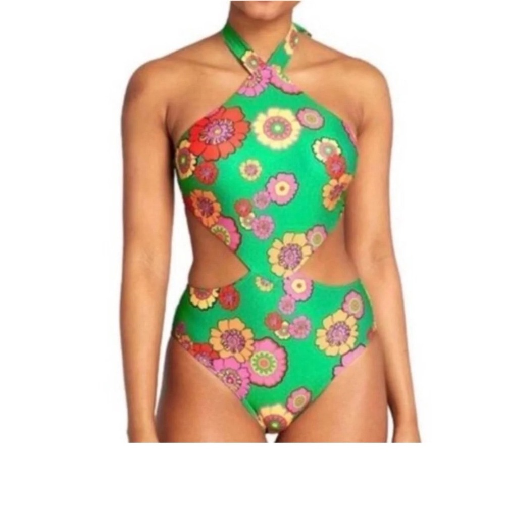 ModCloth Green Floral Halter Cutout Monokini One Piece Swimsuit XL Retro 70s